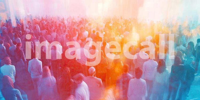 Vibrant Urban Scene: People Walking on a Street at Sunrise/Sunset with Dramatic Shadows and Reflections