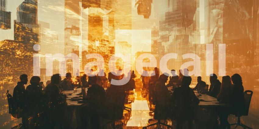 Vibrant Urban Scene: People Walking on a Street at Sunrise/Sunset with Dramatic Shadows and Reflections