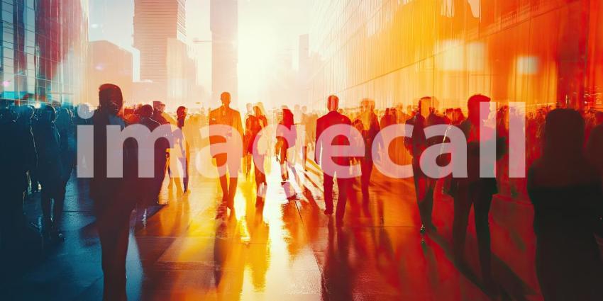Vibrant Urban Scene: People Walking on a Street at Sunrise/Sunset with Dramatic Shadows and Reflections