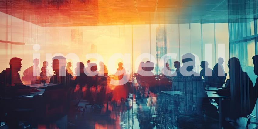 Vibrant Urban Scene: People Walking on a Street at Sunrise/Sunset with Dramatic Shadows and Reflections