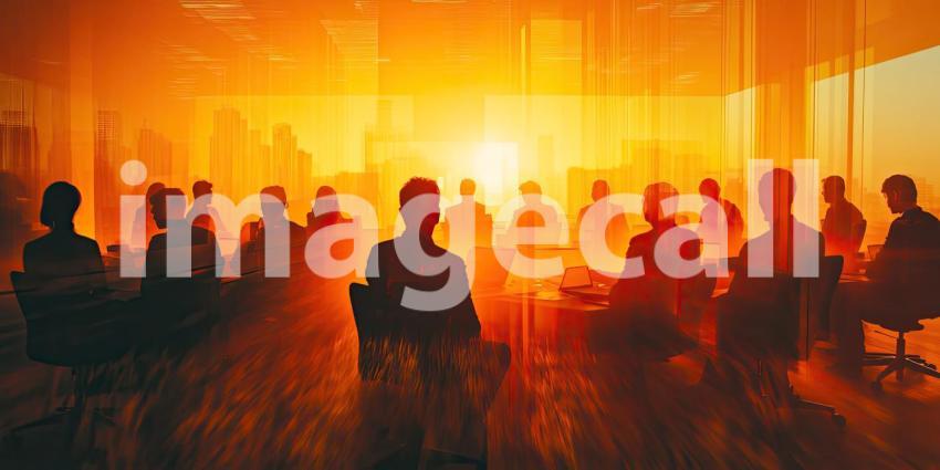 Vibrant Urban Scene: People Walking on a Street at Sunrise/Sunset with Dramatic Shadows and Reflections