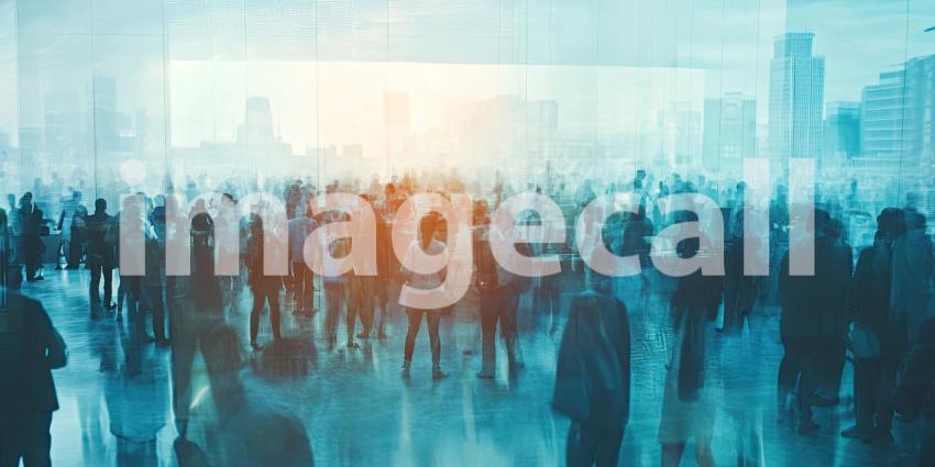 Vibrant Urban Scene: People Walking on a Street at Sunrise/Sunset with Dramatic Shadows and Reflections