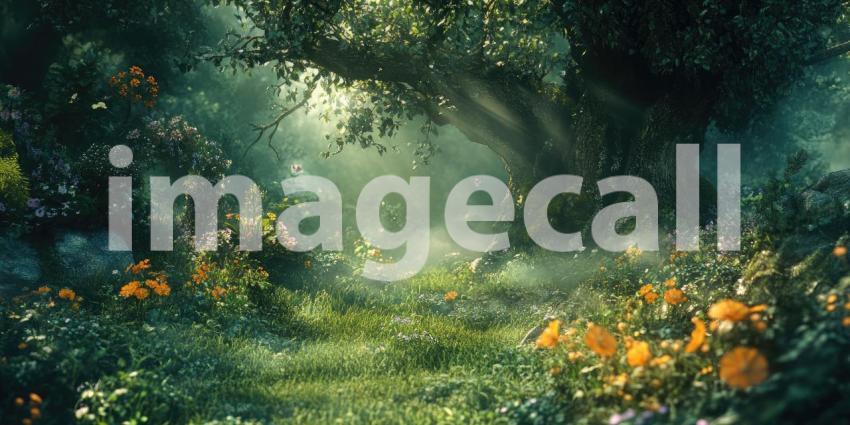 Enchanted Woodland Path Beckons with Sunbeams Filtering Through the Trees