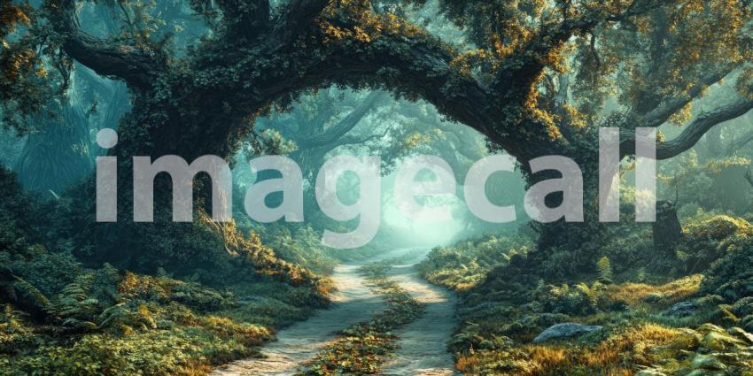 Enchanted Woodland Path Beckons with Sunbeams Filtering Through the Trees