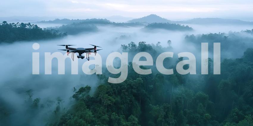 Drone Soaring Above a Misty Rainforest, Capturing the Wilderness from Above.