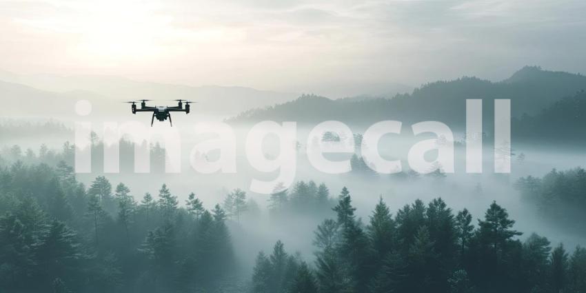 Drone Soaring Above a Misty Rainforest, Capturing the Wilderness from Above.
