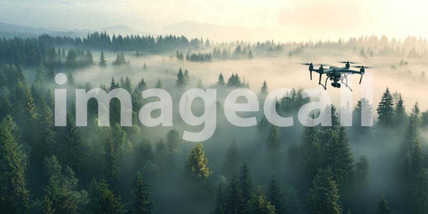 Drone Soaring Above a Misty Rainforest, Capturing the Wilderness from Above.