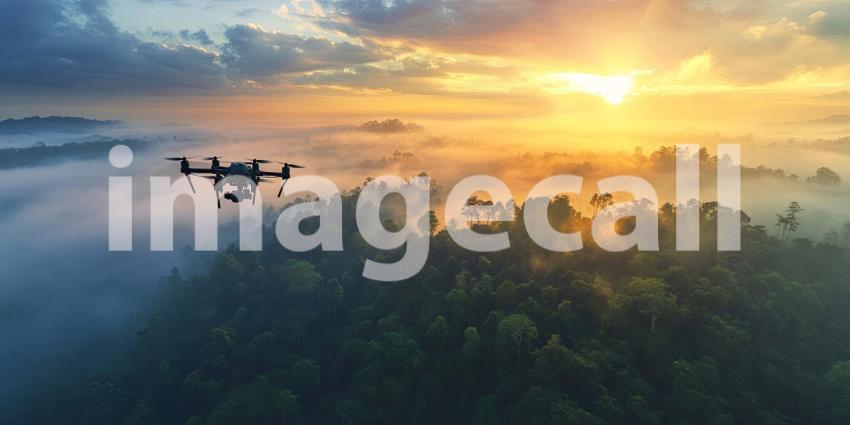 Drone Soaring Above a Misty Rainforest, Capturing the Wilderness from Above.