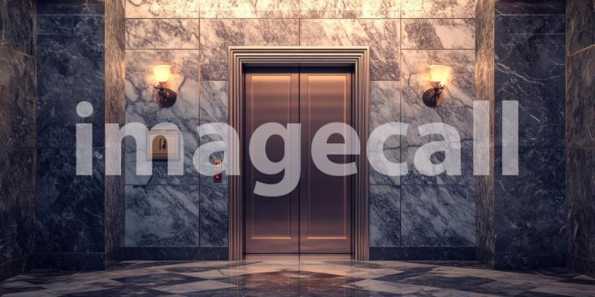 Neon-Lit Elevator Doors Beckon in an Eerie, Urban Hallway.