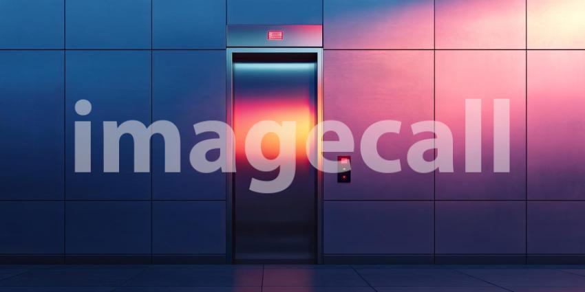 Neon-Lit Elevator Doors Beckon in an Eerie, Urban Hallway.