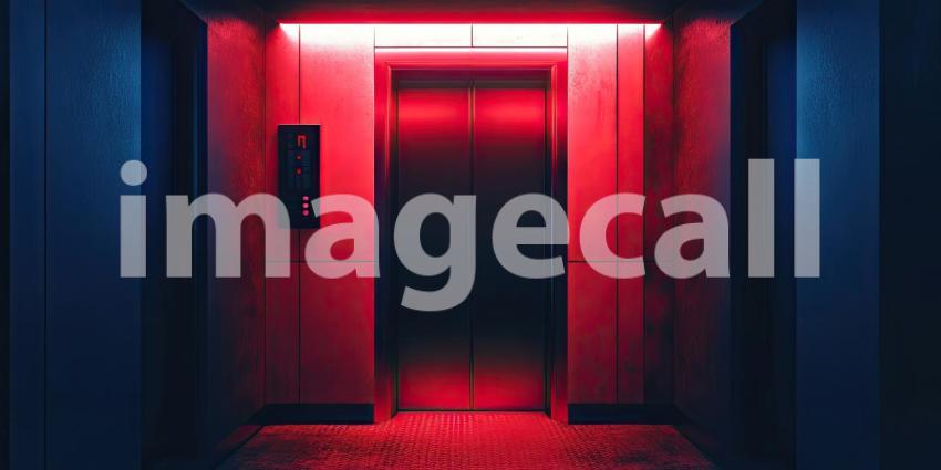 Neon-Lit Elevator Doors Beckon in an Eerie, Urban Hallway.