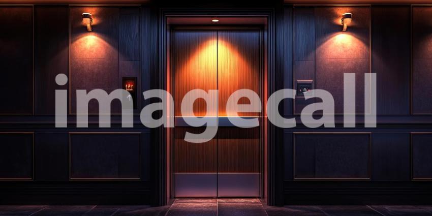 Neon-Lit Elevator Doors Beckon in an Eerie, Urban Hallway.