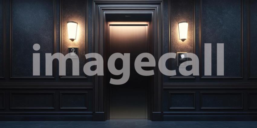 Neon-Lit Elevator Doors Beckon in an Eerie, Urban Hallway.