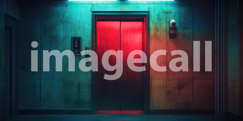 Neon-Lit Elevator Doors Beckon in an Eerie, Urban Hallway.