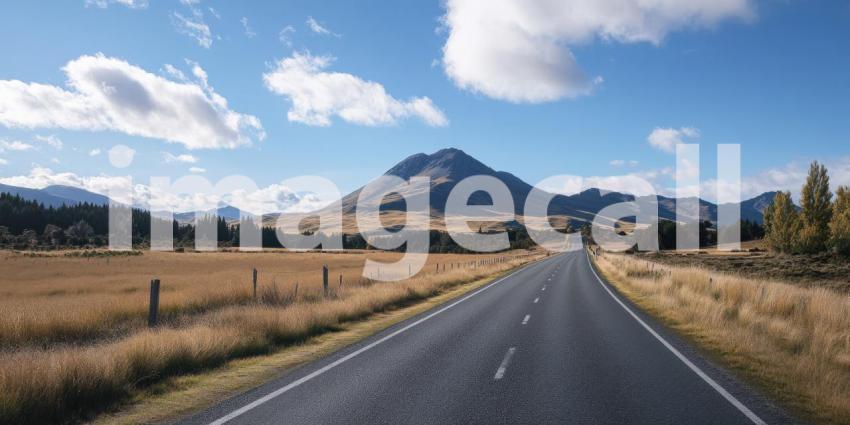 Scenic Road Winds Through a Vast Landscape, Leading Towards Majestic Mountains.