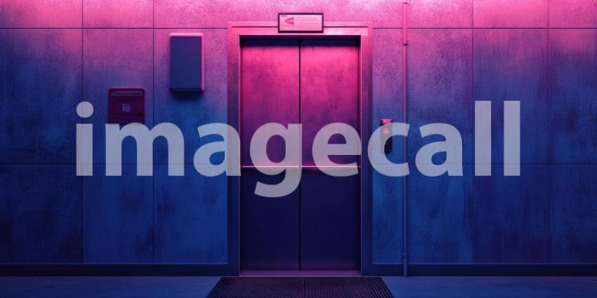 Neon-Lit Elevator Doors Beckon in an Eerie, Urban Hallway.