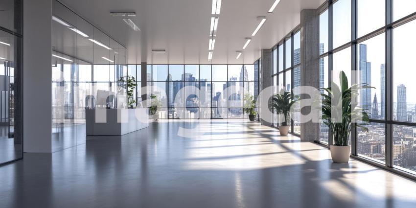 Modern Office Space with Floor-to-Ceiling Windows and Cityscape Views.