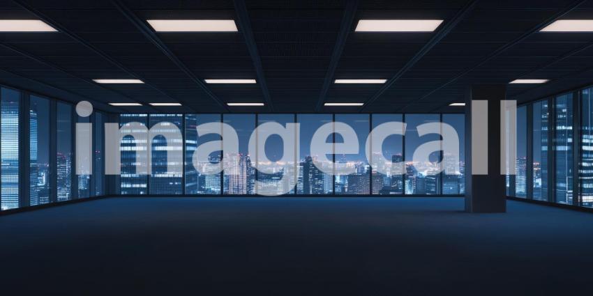 Modern Office Space with Floor-to-Ceiling Windows and Cityscape Views.