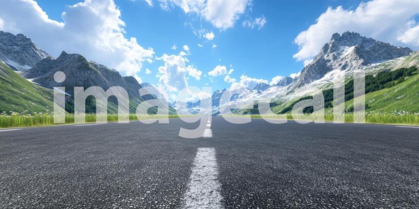 Scenic Road Winds Through a Vast Landscape, Leading Towards Majestic Mountains.