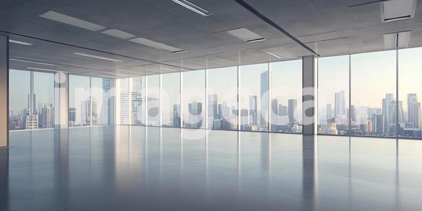 Modern Office Space with Floor-to-Ceiling Windows and Cityscape Views.