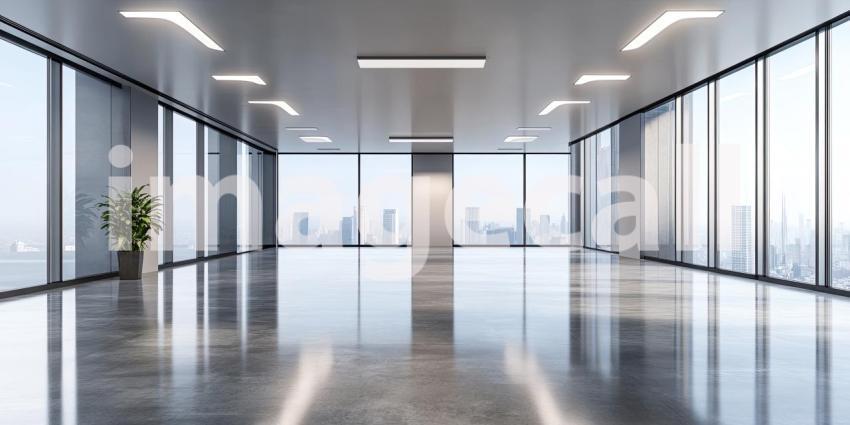 Modern Office Space with Floor-to-Ceiling Windows and Cityscape Views.