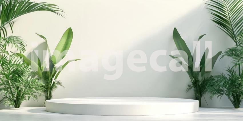 Minimalist Product Display with Lush Greenery and a White Podium.