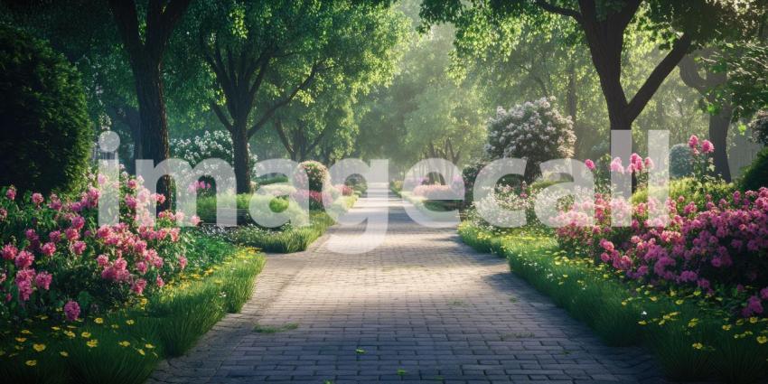 Sun-Dappled Path Winds Through a Vibrant Garden, Blooming with Colorful Flowers.