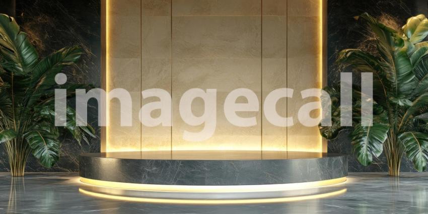 Minimalist Product Display with Lush Greenery and a White Podium.