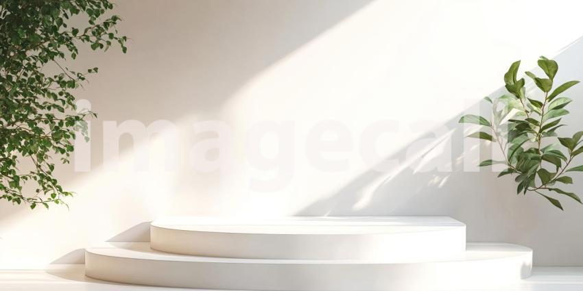 Minimalist Product Display with Lush Greenery and a White Podium.