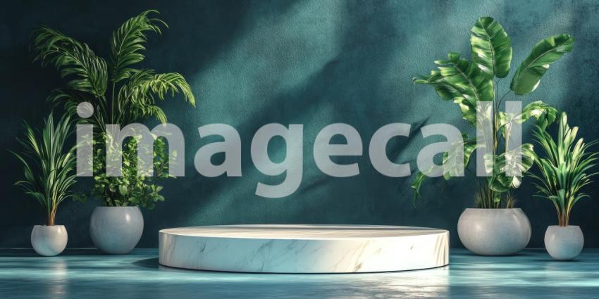 Minimalist Product Display with Lush Greenery and a White Podium.