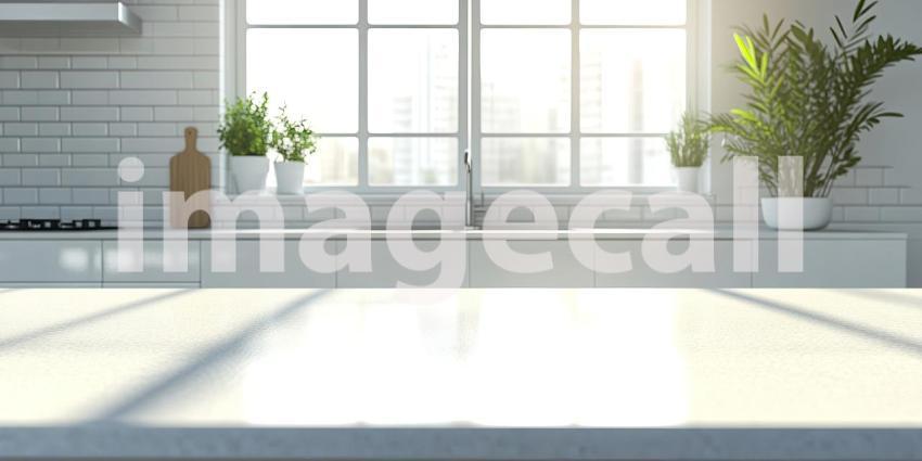 Sunlight Bathes a Modern Kitchen, Illuminating a Marble Countertop and Fresh Greenery.