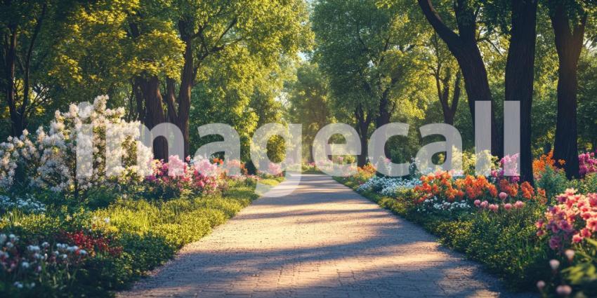 Sun-Dappled Path Winds Through a Vibrant Garden, Blooming with Colorful Flowers.
