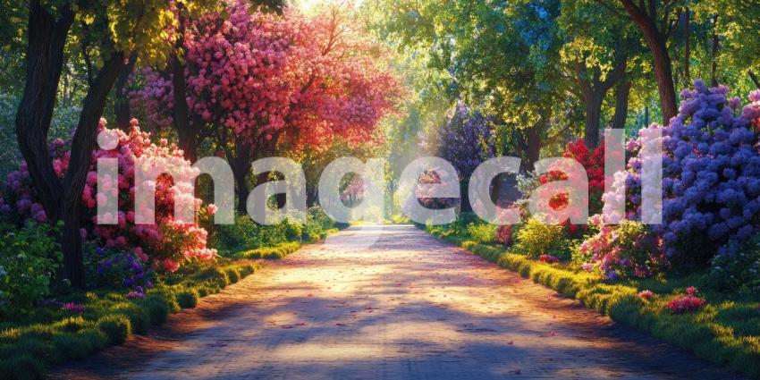 Sun-Dappled Path Winds Through a Vibrant Garden, Blooming with Colorful Flowers.