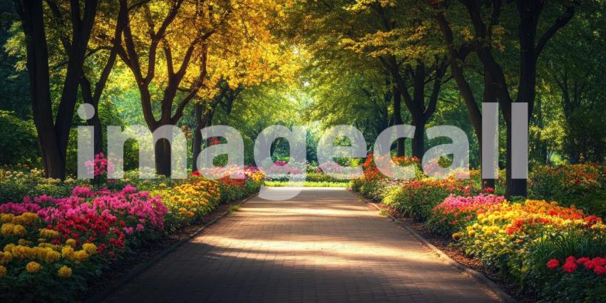 Sun-Dappled Path Winds Through a Vibrant Garden, Blooming with Colorful Flowers.