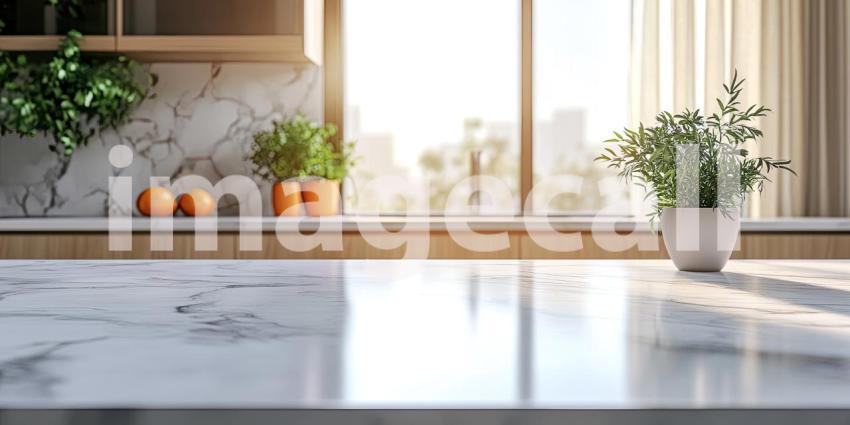 Sunlight Bathes a Modern Kitchen, Illuminating a Marble Countertop and Fresh Greenery.
