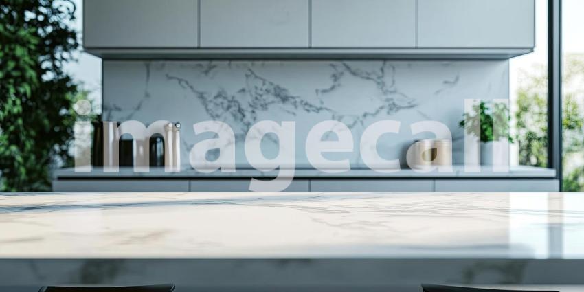 Sunlight Bathes a Modern Kitchen, Illuminating a Marble Countertop and Fresh Greenery.