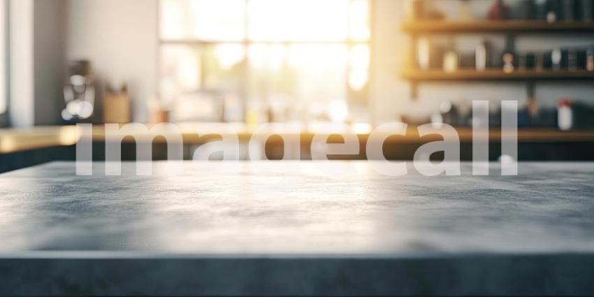 Sunlight Bathes a Modern Kitchen, Illuminating a Marble Countertop and Fresh Greenery.