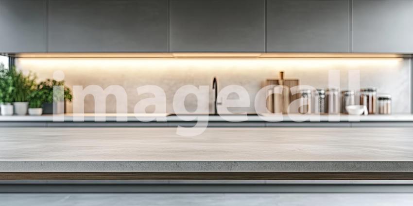 Sunlight Bathes a Modern Kitchen, Illuminating a Marble Countertop and Fresh Greenery.