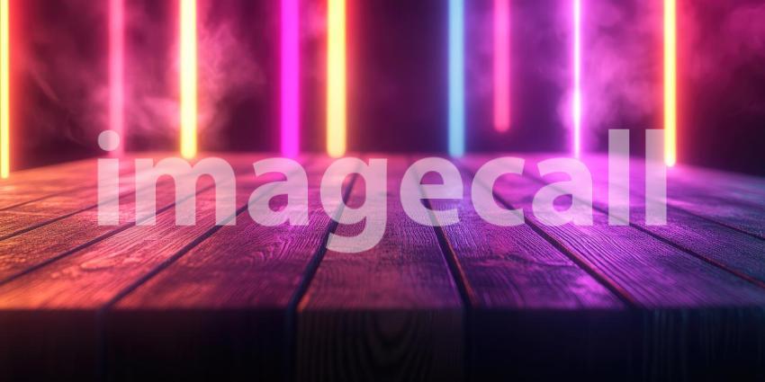 Neon Lights Illuminate a Dark Wooden Stage, Setting the Scene for a Vibrant Performance.