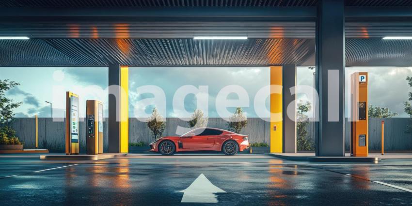 Modern Electric Vehicle Charging Station with Cars Plugged In.