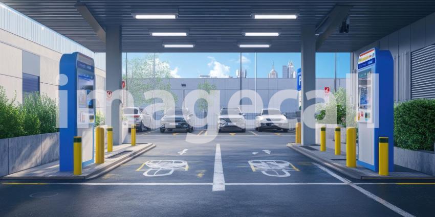 Modern Electric Vehicle Charging Station with Cars Plugged In.