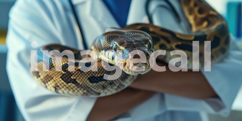 Veterinarian Holding Large Snake: Detailed Close-Up of Reptile with Patterned Skin in Professional Setting