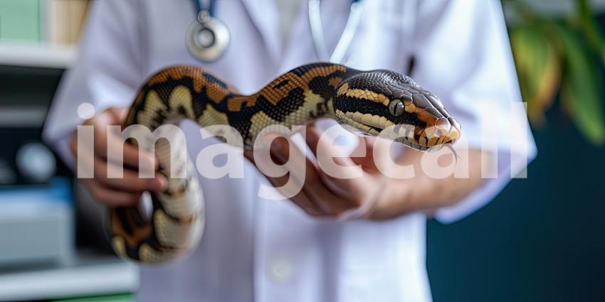 Veterinarian Holding Large Snake: Detailed Close-Up of Reptile with Patterned Skin in Professional Setting