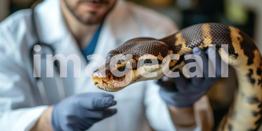 Veterinarian Holding Large Snake: Detailed Close-Up of Reptile with Patterned Skin in Professional Setting