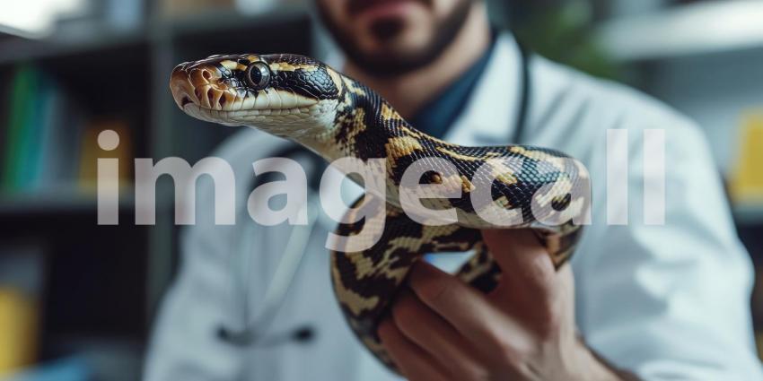 Veterinarian Holding Large Snake: Detailed Close-Up of Reptile with Patterned Skin in Professional Setting