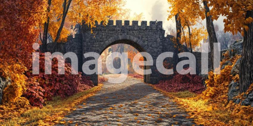 Autumnal Road Winds Through a Forested Landscape, Leading to a Majestic Castle.