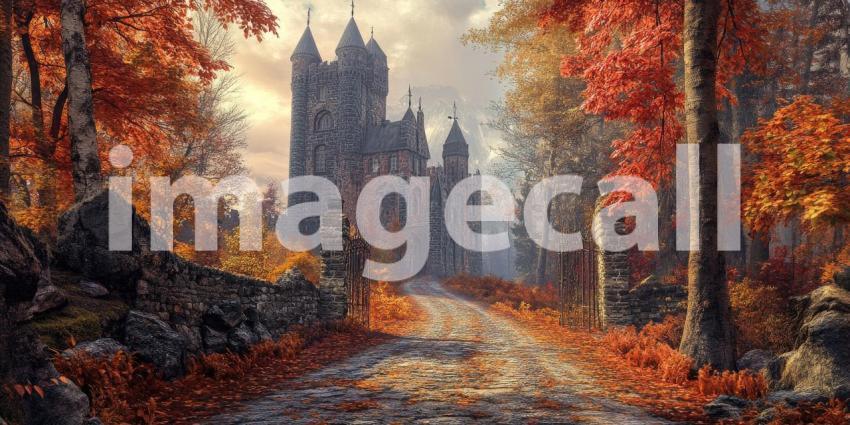 Autumnal Road Winds Through a Forested Landscape, Leading to a Majestic Castle.
