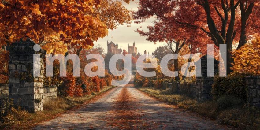 Autumnal Road Winds Through a Forested Landscape, Leading to a Majestic Castle.