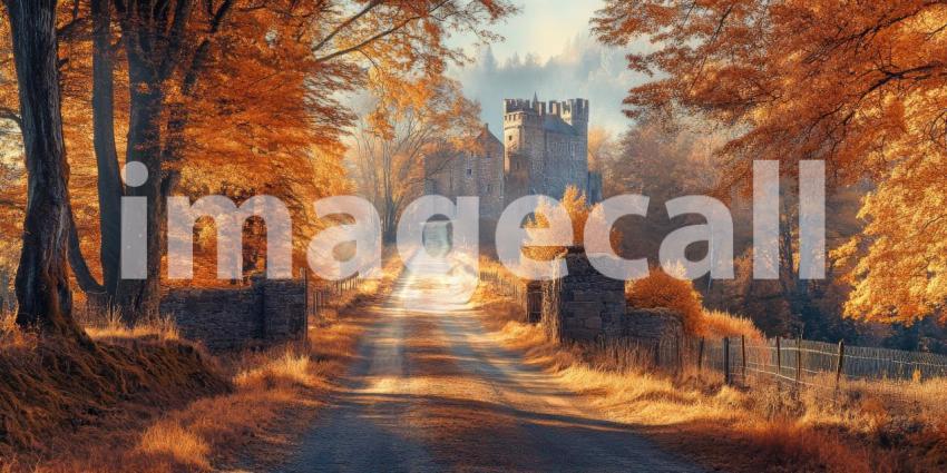 Autumnal Road Winds Through a Forested Landscape, Leading to a Majestic Castle.