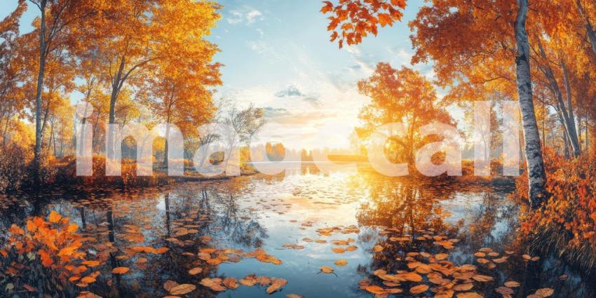 Golden Autumn Forest Trail Leads to Snow-Capped Peaks, Bathed in Warm Sunlight.